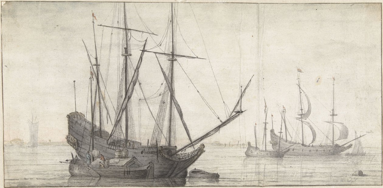 Seilskuter på stille vann nær kysten av Abraham de Verwer (possibly)