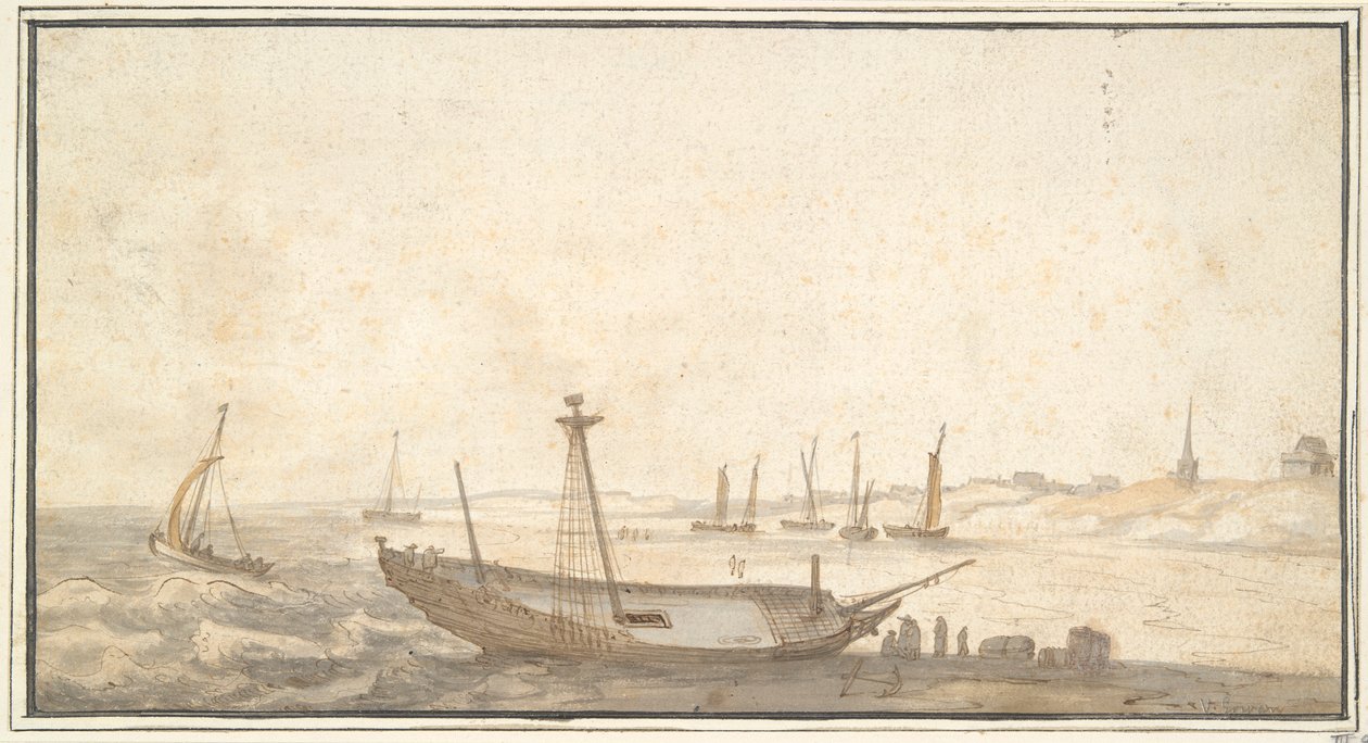 Strand med skip nær Scheveningen av Abraham de Verwer
