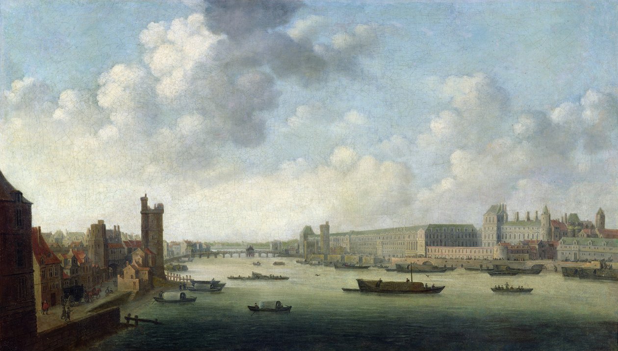 Perspektivutsikt over Paris perspektivbilde av Paris fra Barber Bridge nedstrøms, som viser Hôtel Bourbon, The Grande Galerie of Louvre, ca. 1640 av Abraham de Verwer