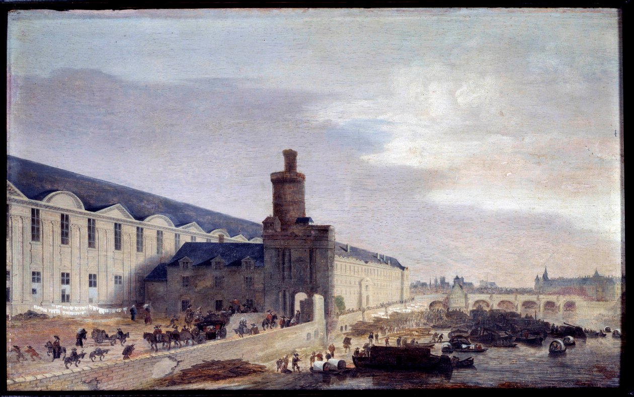 Utsikt over Porte Neuve og Galerie du Louvre rundt 1640 Entrée du Louvre ved bredden av Seinen. Maleri av Abraham de Verwer (1600-1650) 1640 Dim. 0,37 x 0,59 m Paris, Musee Carnavalet av Abraham de Verwer