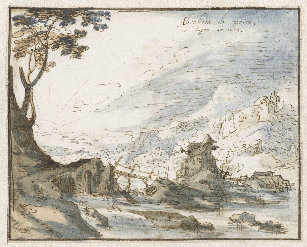 Fjelllandskap med en trebro av Abraham de Vries