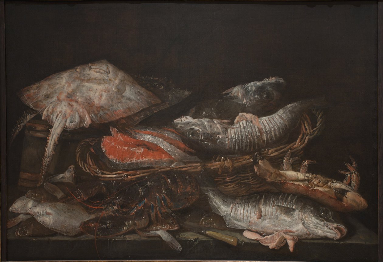 Stilleben med fisk på et steinbord av Abraham van Beijeren