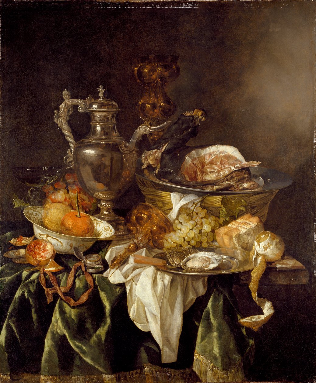Stilleben med en sølvvinkrukke og et reflektert portrett av kunstneren, c1657 av Abraham van Beyeren