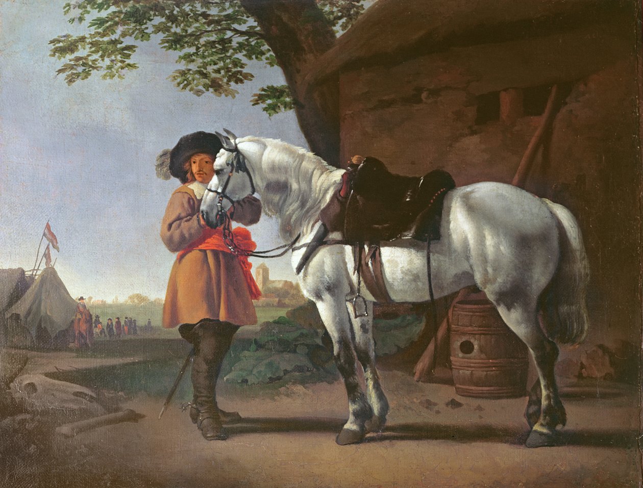 En kavaler med en grå hest av Abraham van Calraet