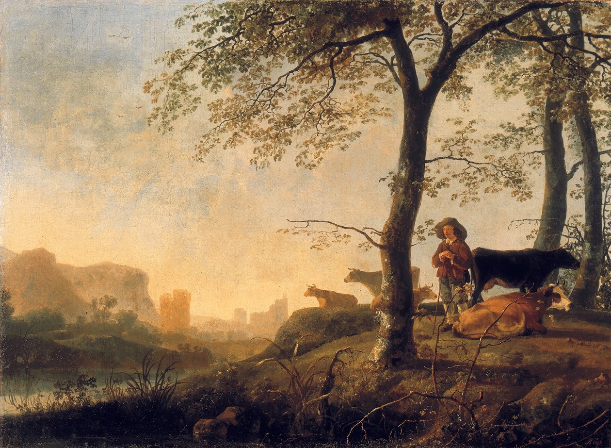 Kveldselvelandskap med en kuhyr og kuer ved kanten av en skog, en bro og ruiner bortenfor av Abraham van Calraet