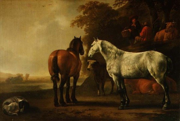 Hester og storfe i et landskap (panel) av Abraham van Calraet
