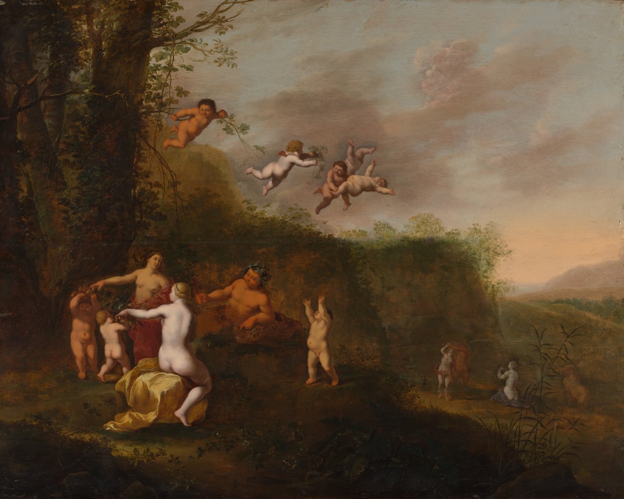 Bacchus og nymfer i et landskap, trolig 1640-tallet. av Abraham van Cuylenborch