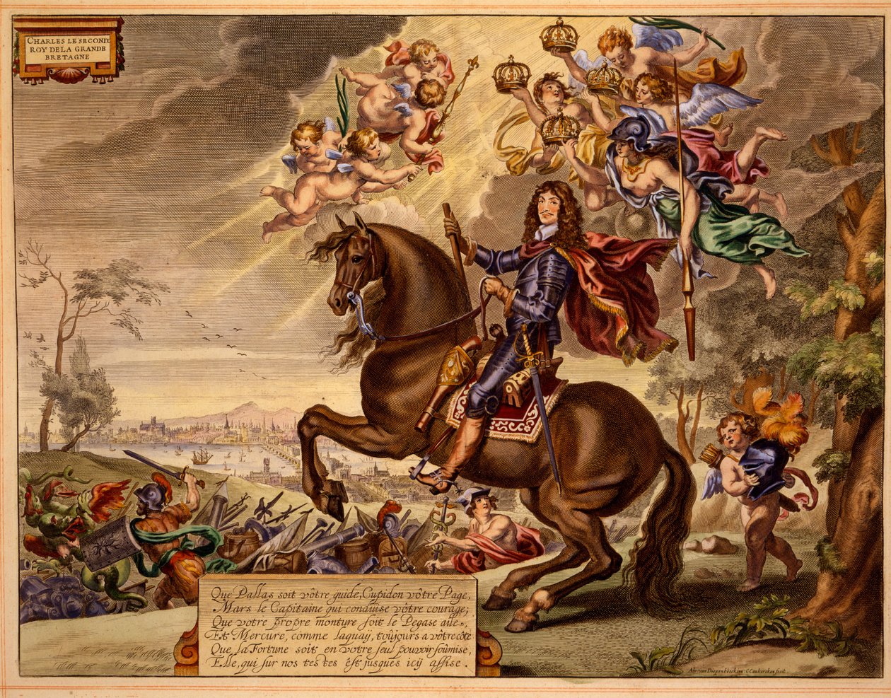 Charles II med en dedikasjon på fransk, med Old London Bridge i bakgrunnen, fra The Method and New Invention of Dressing Horses av William Cavendish, utgitt 1737 (2nd edn) (akvatint) av Abraham van Diepenbeeck