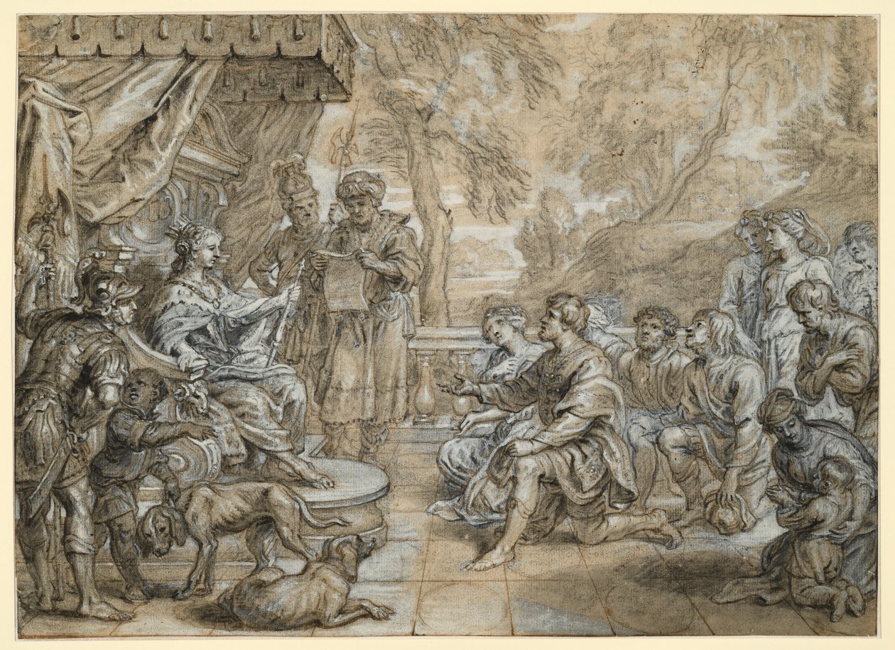En dronning med hermelinskappe og septer (Semiramis?) på en trone, foran henne kneler en gruppe menn og kvinner av Abraham van Diepenbeeck