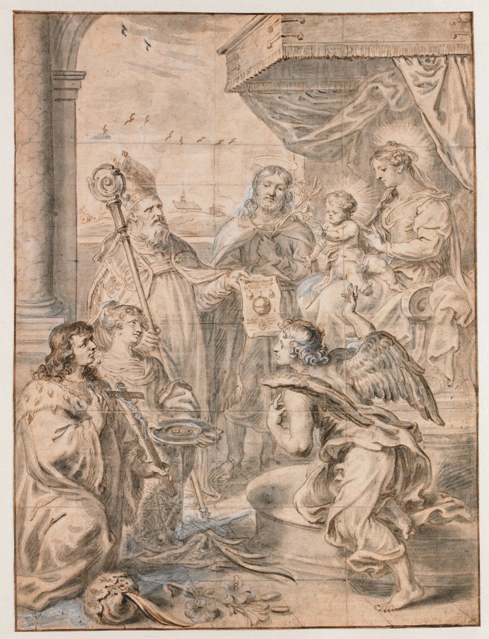 Maria med barn tronet tilbedt av tre helgener av Abraham van Diepenbeeck