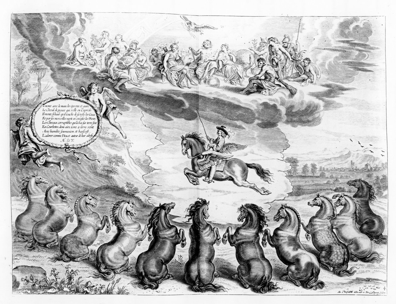 Marquess of Newcastle som rir på Pegasus foran en forsamling av de greske gudene og mottar honnør fra jordiske hester, illustrasjon fra en Ridemanual av Marquess of Newcastle, publisert av Abraham van Diepenbeeck