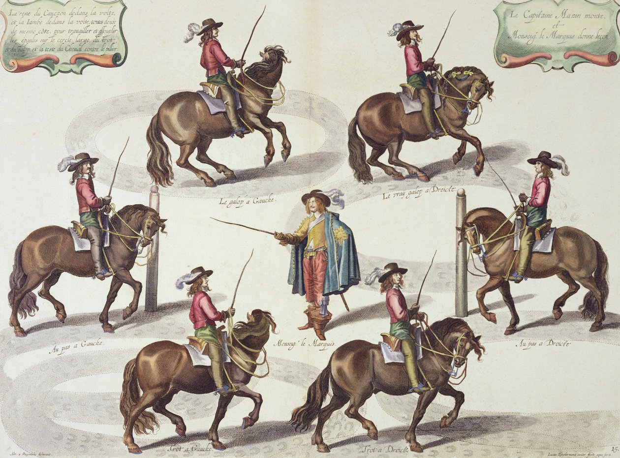 Markisen av Newcastle gir kaptein Mazin en rideleksjon, plate 15 fra The Method and New Invention of Dressing Horses av William Cavendish (1592-1676) Marquis of Newcastle, gravert av Lucas Vo av Abraham van Diepenbeeck