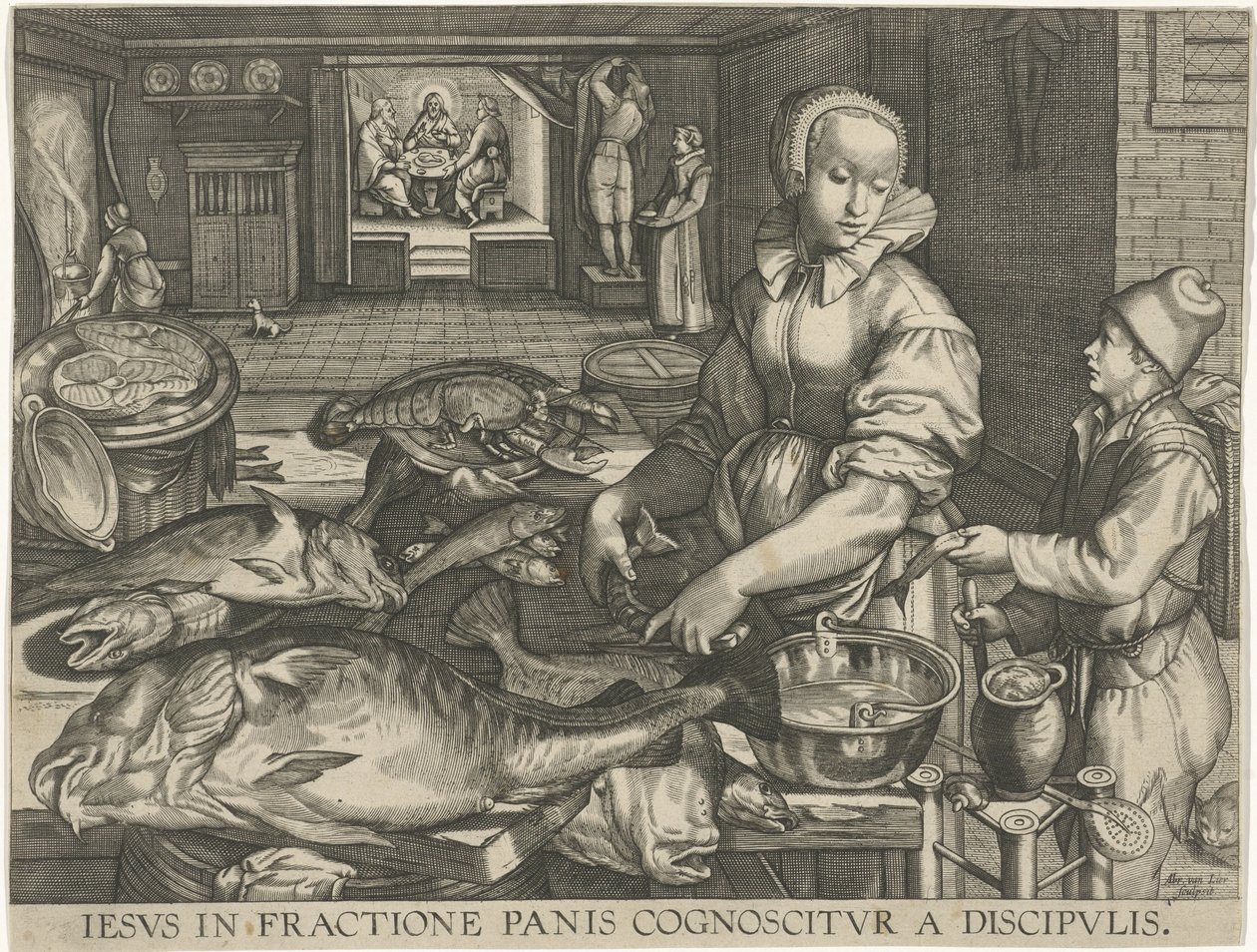 Keukenstuk met vrouw die wis schoonmacht Jesus blir gjenkjent av disiplene i brødsbrytelsen (tittel på objekt) av Abraham van Lier