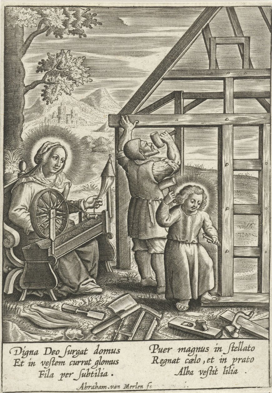 Kristus hjelper Josef med å bygge et hus av Abraham van Merlen