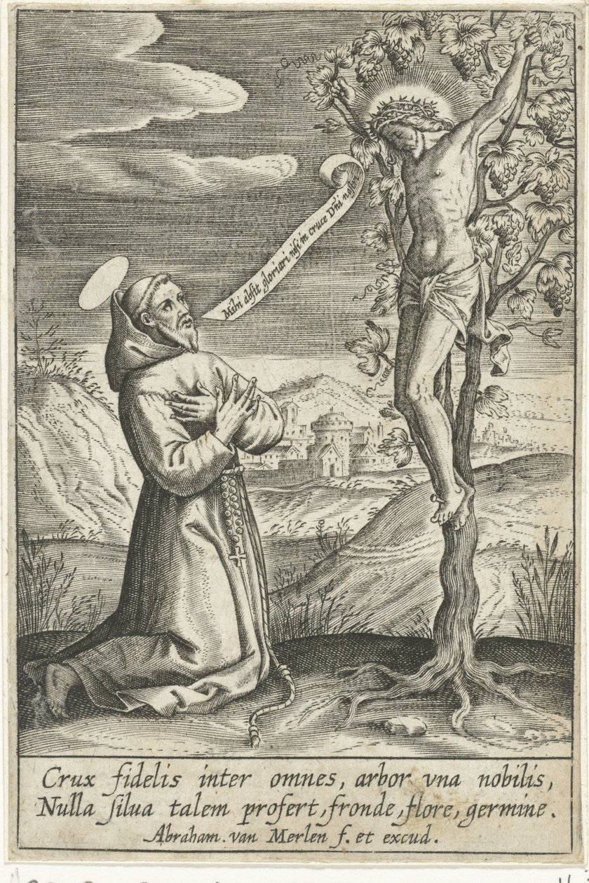 Knelende helgen før Kristus på korset av Abraham van Merlen