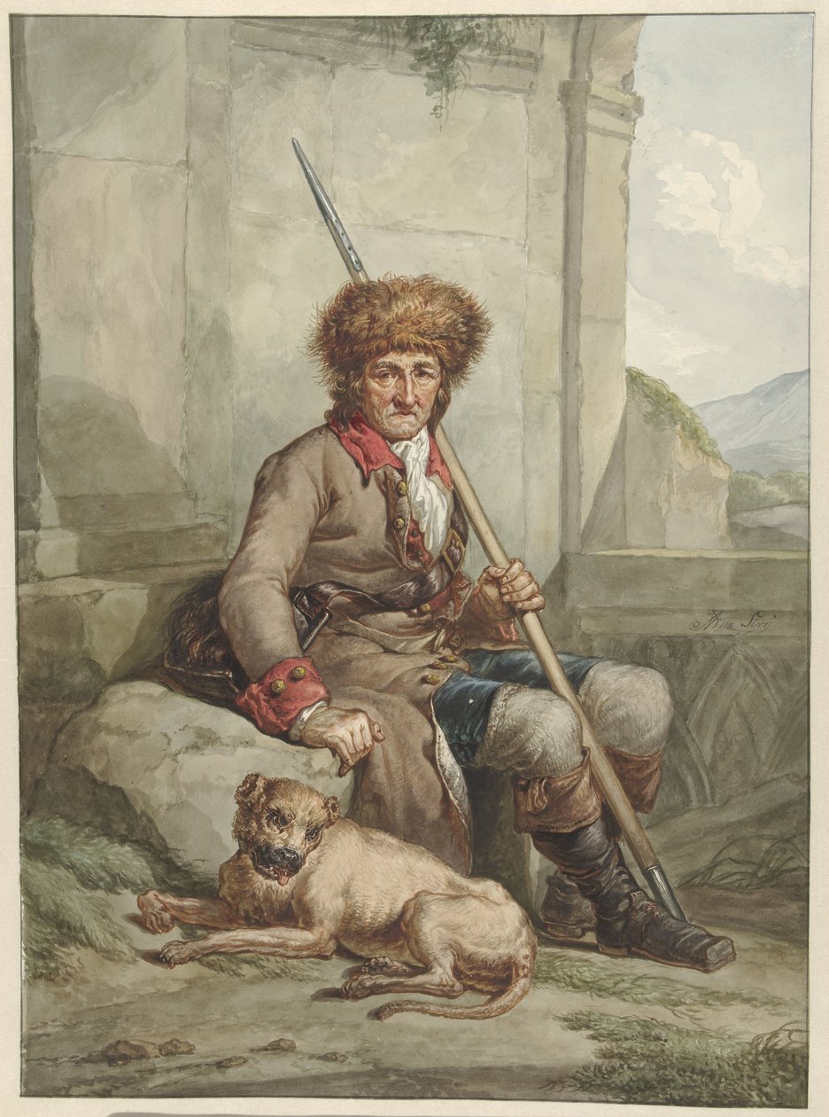 Sittende jeger med pelslue, spyd og beitepose av Abraham van Strij (I)