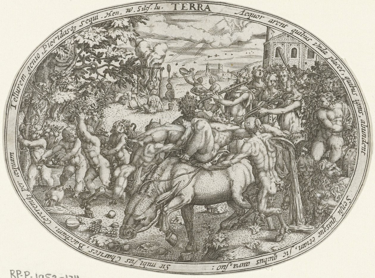 Triumfprosesjon av Bacchus og Silenus: Elementet Jorden Terra (tittel på objekt) The Four Elements (serietittel) av Abraham van den Hecken