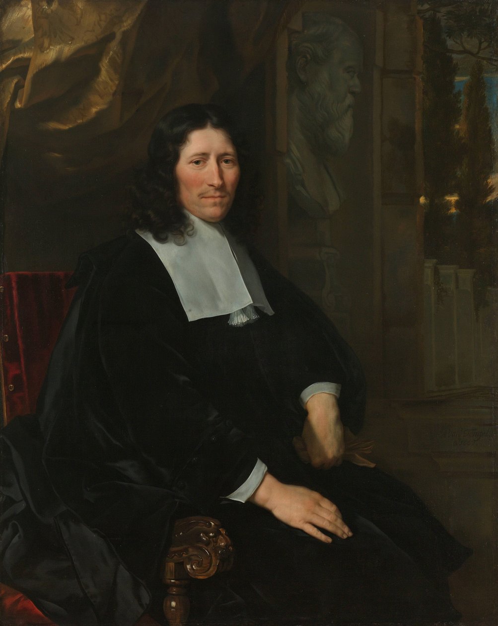 Portrett av Pieter de la Court Portrett av Pieter de la Court. Produsent og kledeier, først i Leiden, siden 1673 i Amsterdam, politisk brosjyre av Abraham van den Tempel