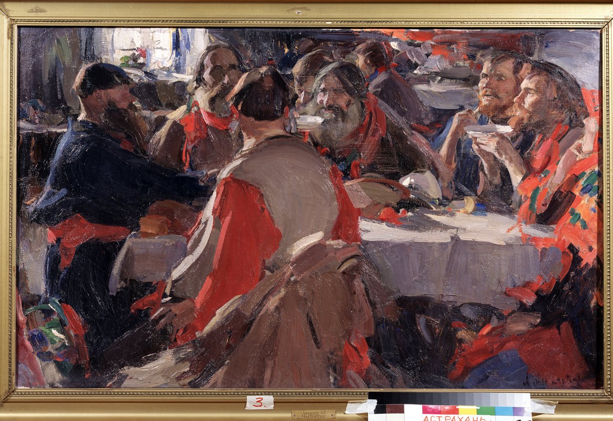 Te-tid (Te-drikking). Maleri av Abram Yefimovich Arkhipov (1862-1930). Olje på lerret, 79 x 31 cm. Russisk kunst, slutten av 1800-begynnelsen av 1900-tallet. Statens B. Kustodiev kunstgalleri, Astrakhan (Russland). av Abram Efimovich Arkhipov