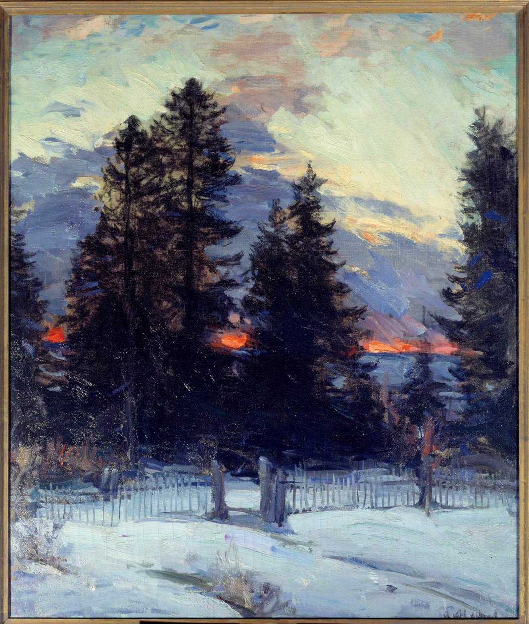 Solnedgang på vinterlandskap. Maleri av Abram Arkhipov (1862 - 1930) Ec. Rus. av Abram Efimovich Arkhipov