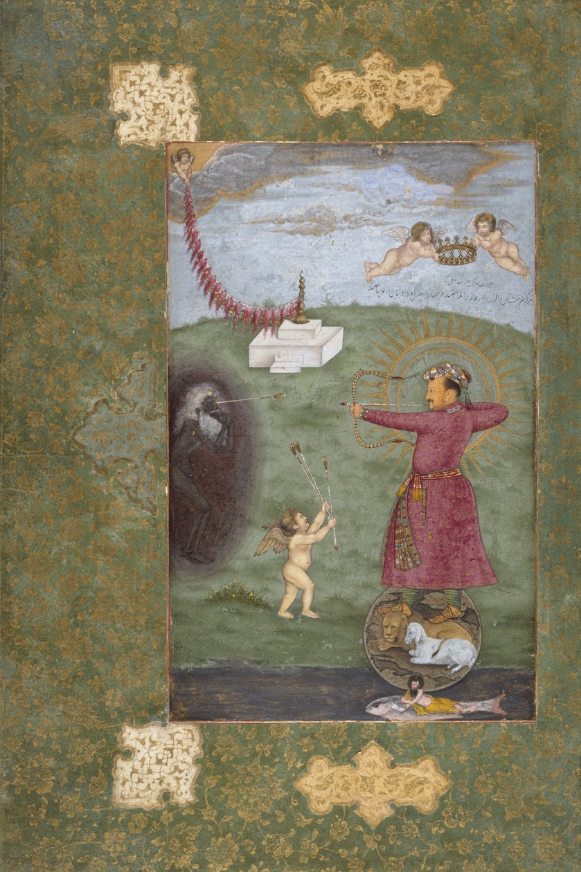 Emperor Jahangir Triumphing Over Poverty, ca. 1620-25 (ugjennomsiktig akvarell, gull og blekk på papir) av Abul Hasan