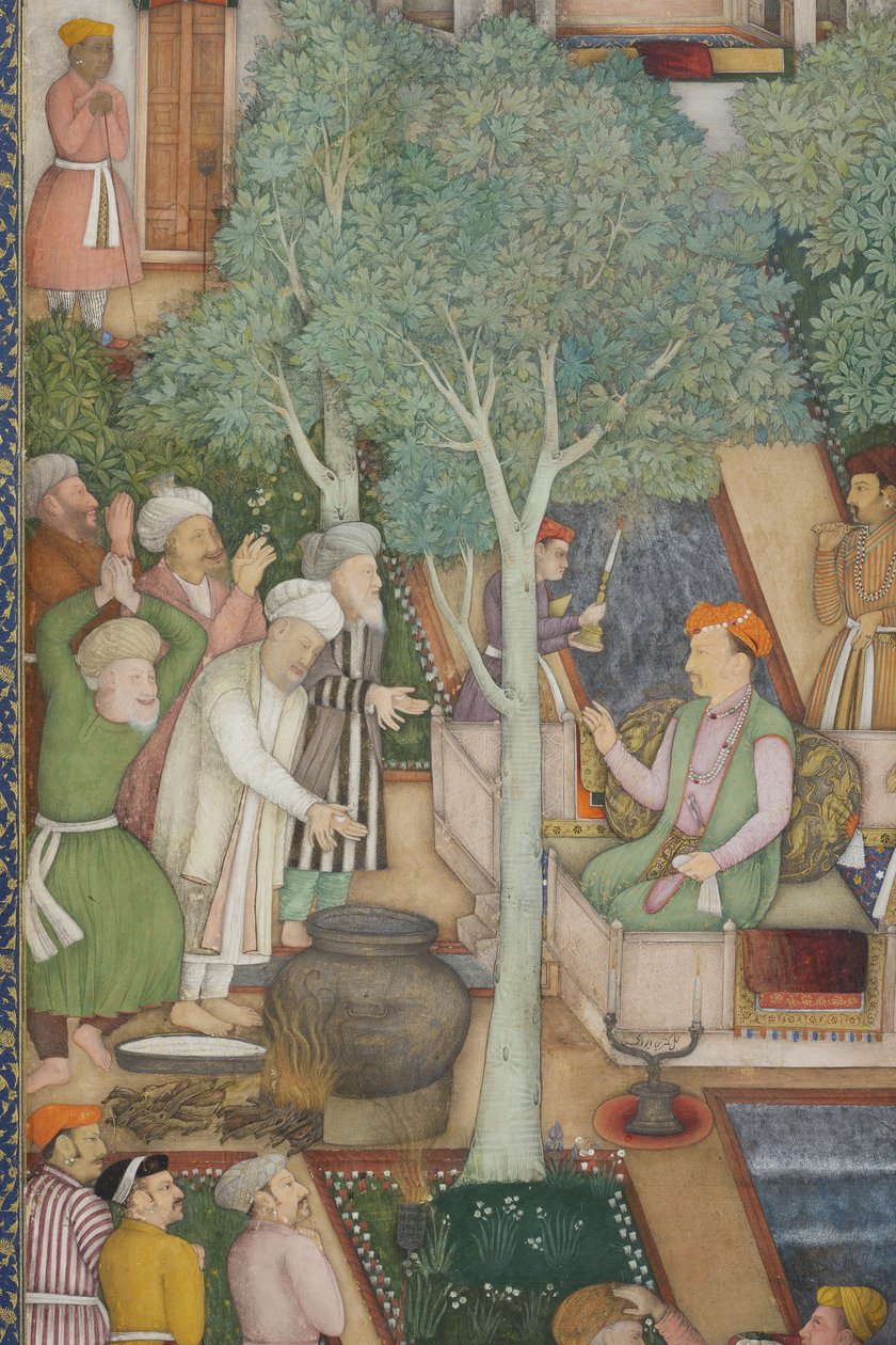 Detalj fra keiser Jahangir med hellige menn i en hage, ca. 1615 (ugjennomsiktig wc og gull på papir) av Abul Hassan Ghaffari