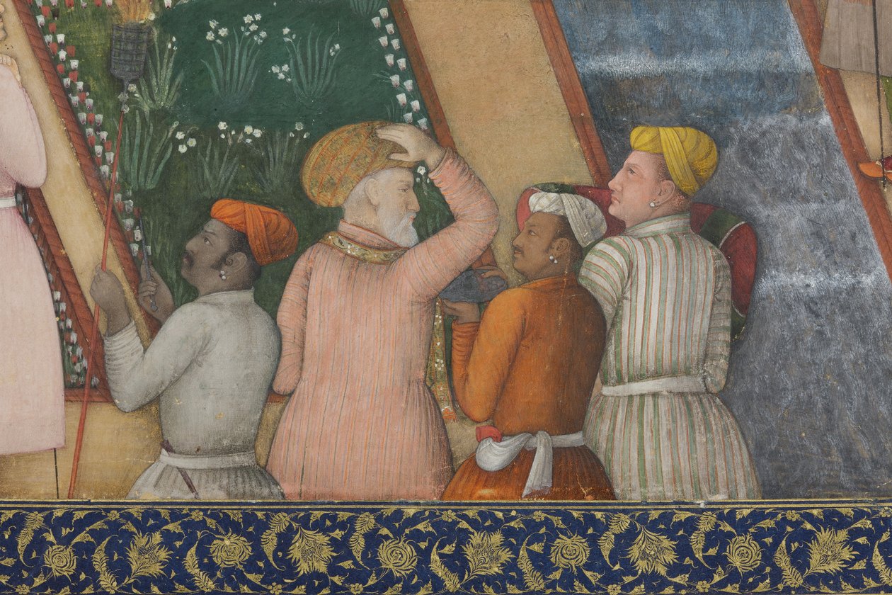 Detalj fra keiser Jahangir med hellige menn i en hage, ca. 1615 (ugjennomsiktig wc og gull på papir) av Abul Hassan Ghaffari