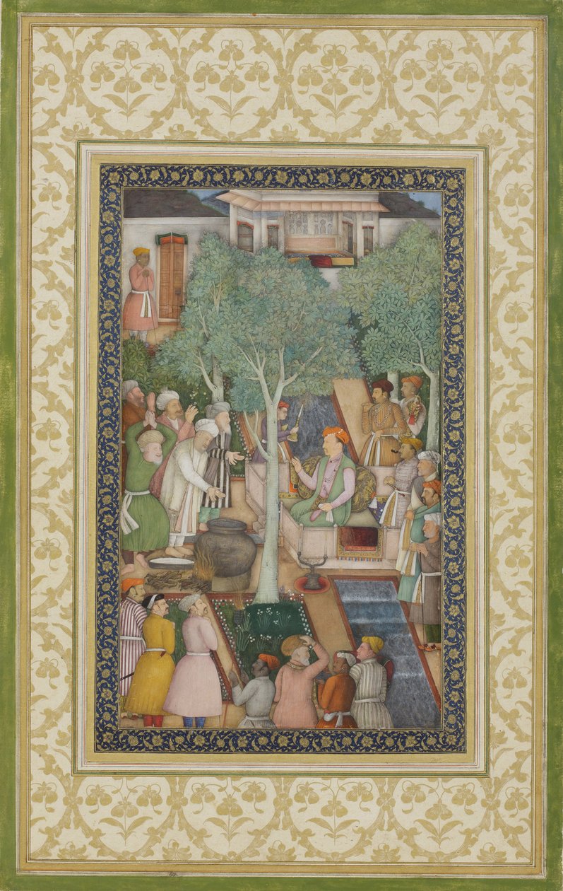 Keiser Jahangir med hellige menn i en hage, ca. 1615 (ugjennomsiktig wc og gull på papir) av Abul Hassan Ghaffari