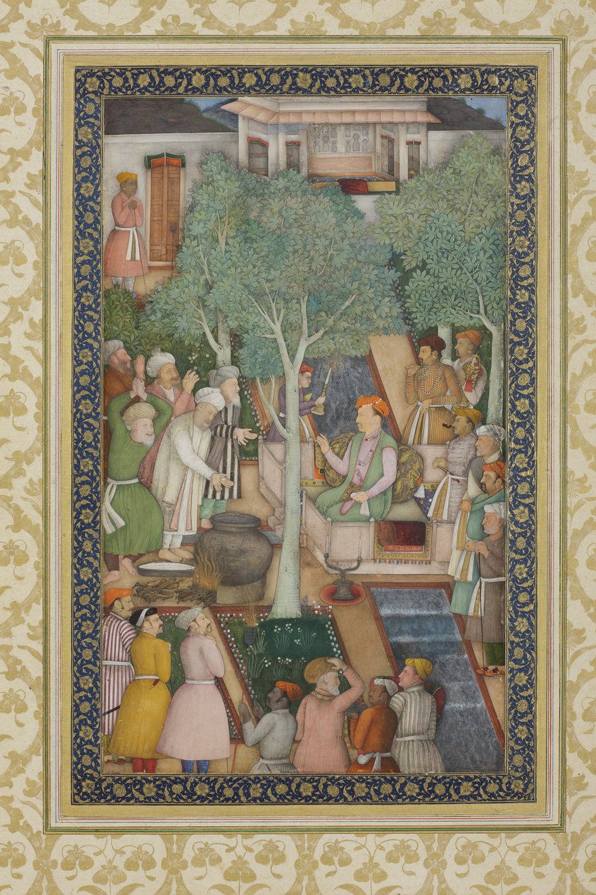 Keiser Jahangir med hellige menn i en hage, ca. 1615 (ugjennomsiktig wc og gull på papir) av Abul Hassan Ghaffari