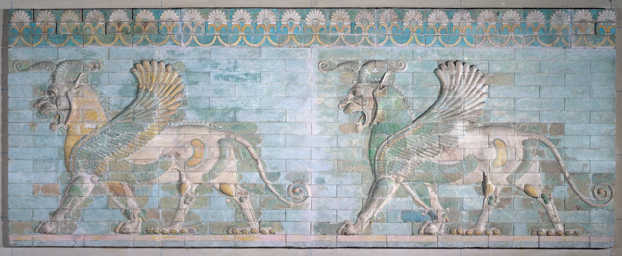 To bevingede griffiner, fra Artaxerxes-palasset, Susa, Achaemenian Period, 6.-5. århundre f.Kr. (polykrom glaserte murstein) av Achaemenid
