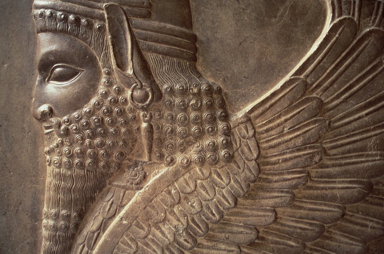 Bevinget mann med en løvekropp, detalj av et relieff fra den nordlige trappen til Tripylon, stein ca. 470 f.Kr. av Achaemenid