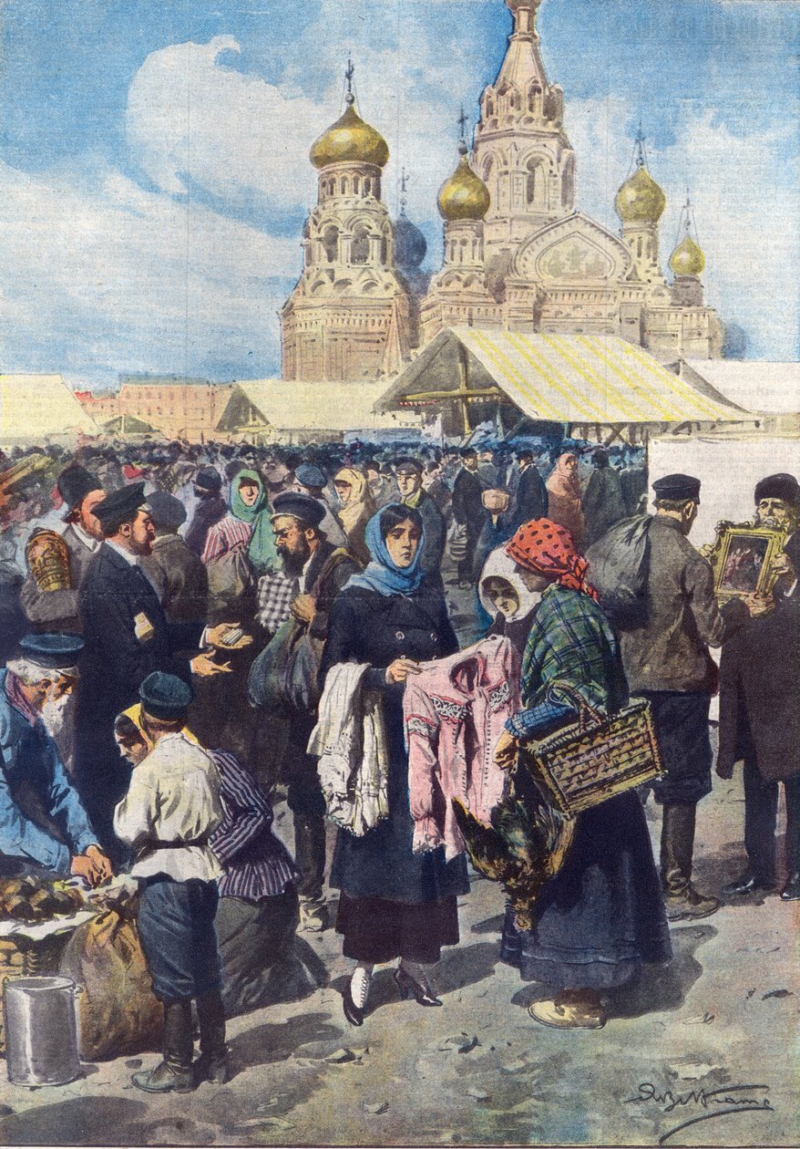 Byttehandel i Russland etter kollapsen av valutaen etter den russiske revolusjonen, illustrasjon fra 
