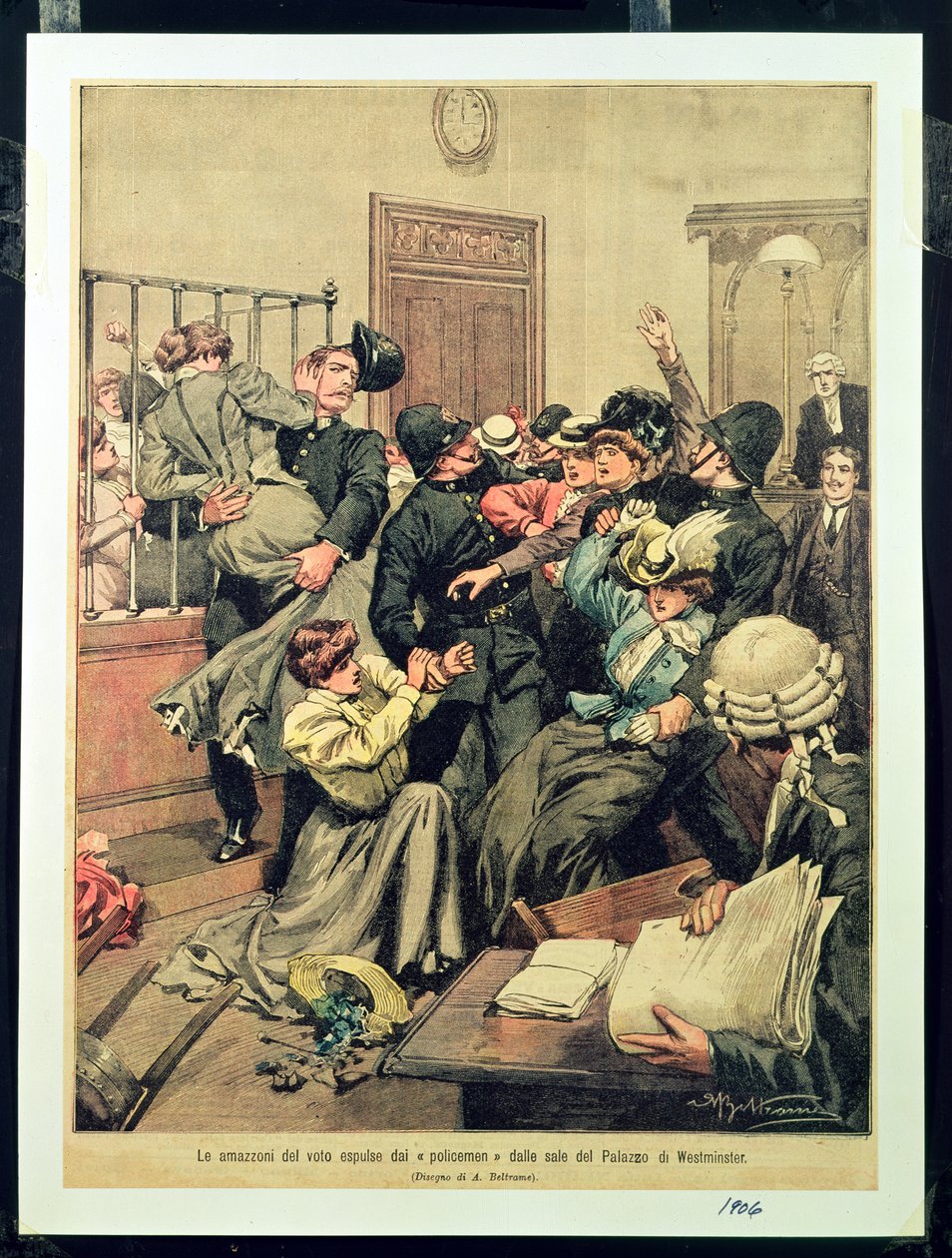 Politimenn som utviser suffragetter fra et rom i Palace of Westminster, 1906 av Achille Beltrame