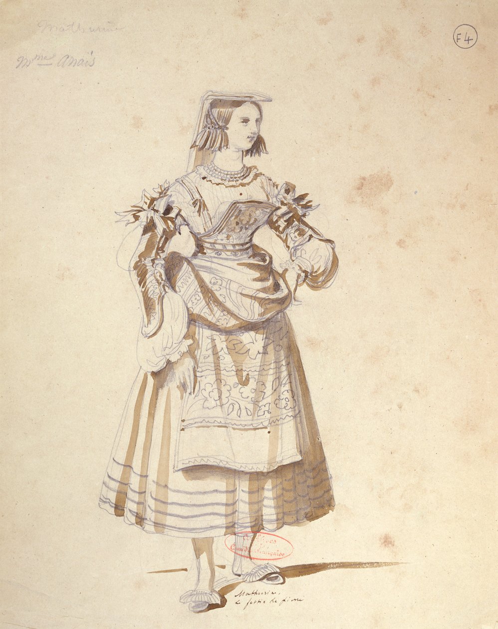 Kostymedesign for 'Mathurine' i en produksjon fra 1847 av 'Don Juan' av Moliere (1622-73) på Comedie Francaise (penn og blekk og wc på papir) av Achille Devéria