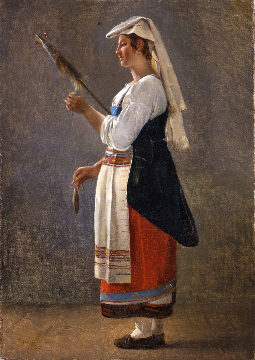 En av et par italienske studier: An Italian Peasant Spinning, 1820 (olje på papir lagt på lerret) av Achille Etna Michallon