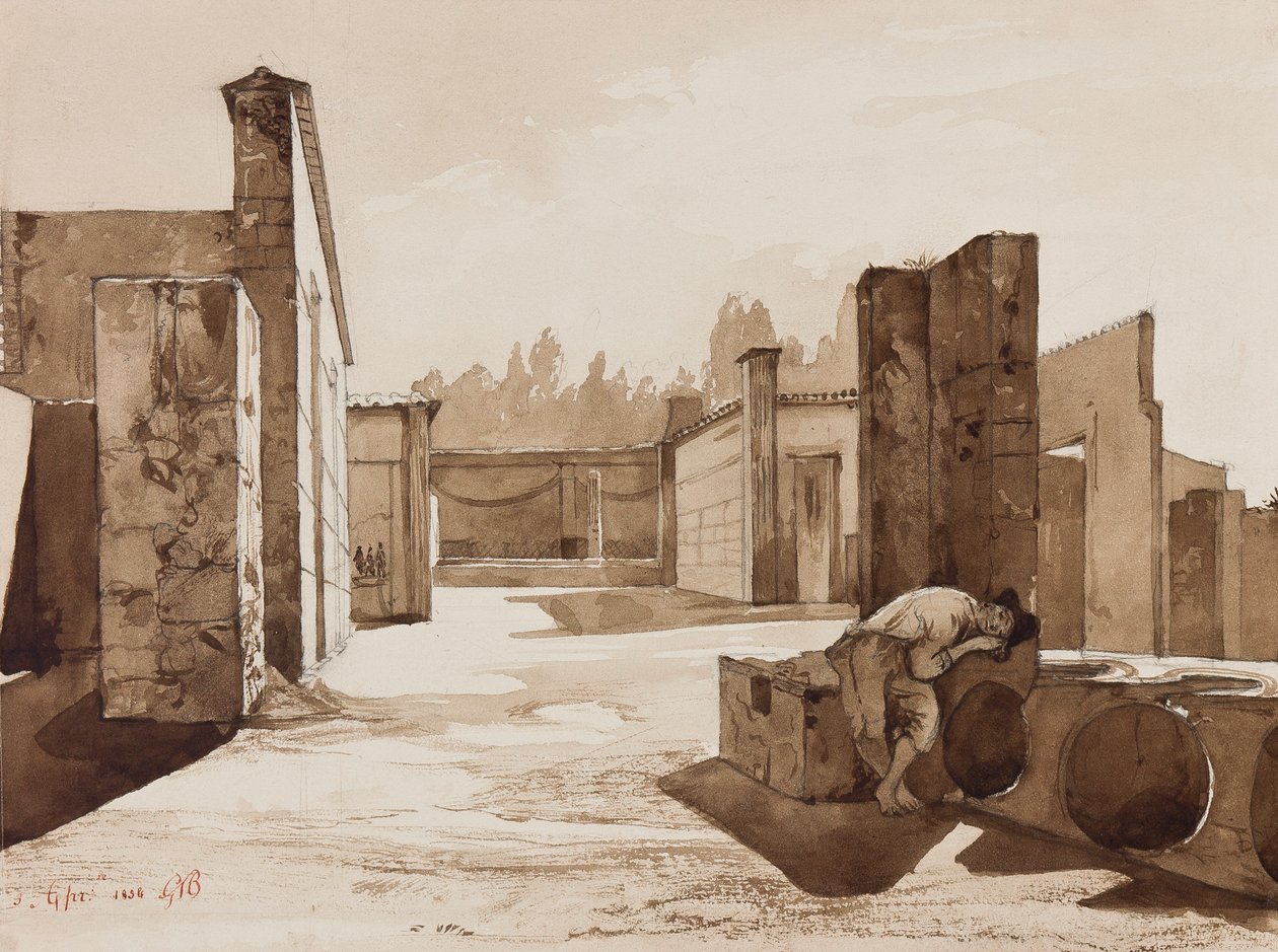 En pompeiansk utsikt, med tillegg av prins Gaetano Maria Federico di Borbone (1846-1871), 1854 (blyant og sepia vask på papir) av Achille Vianelli