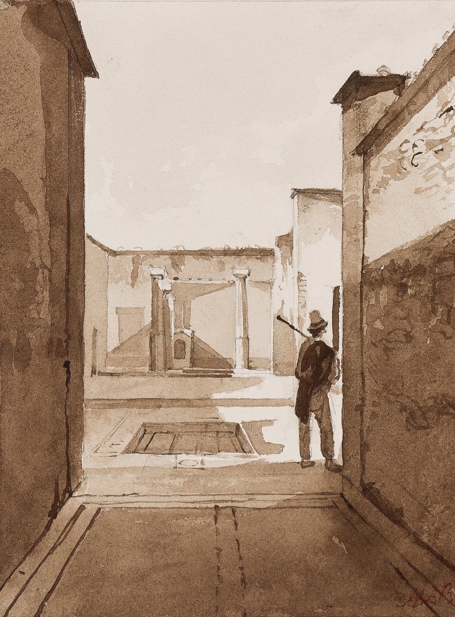 Gårdsplass i Pompeii, med tillegg av prinsesse Maria Annunziata di Borbone (1843-1871) (blyant og sepiavask på papir) av Achille Vianelli