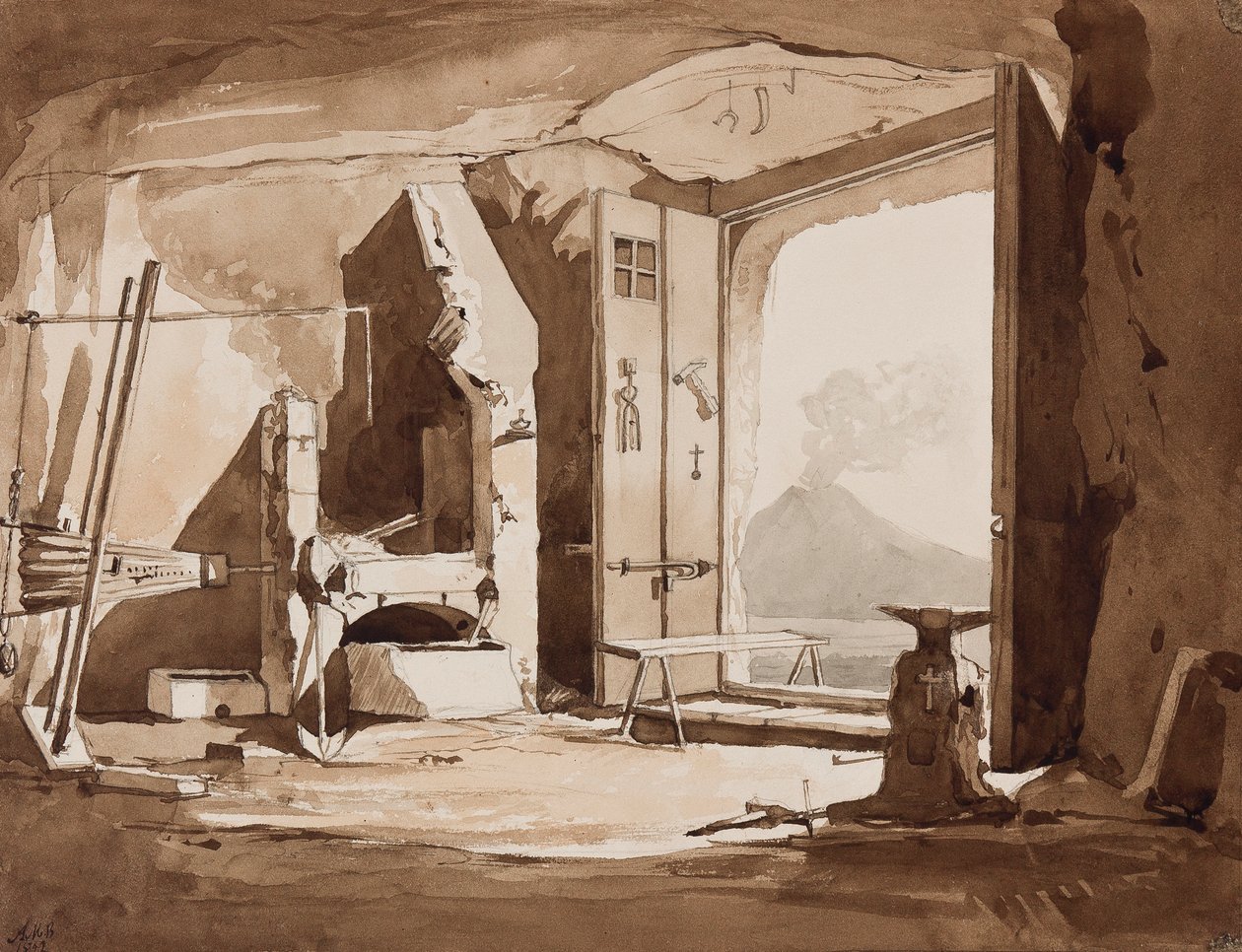 Interiør i en smie, med tillegg av prins Alfonso Maria di Borbone (1841-1934), 1852 (blyant og sepia vask på papir) av Achille Vianelli