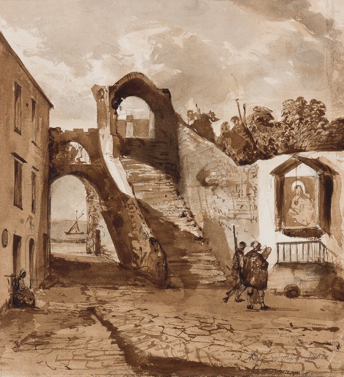 Helligdom i veggene til en napolitansk landsby, med tillegg av prins Alfonso Maria di Borbone (1841-1934), 30. oktober 1854 (blyant og sepia vask på papir) av Achille Vianelli