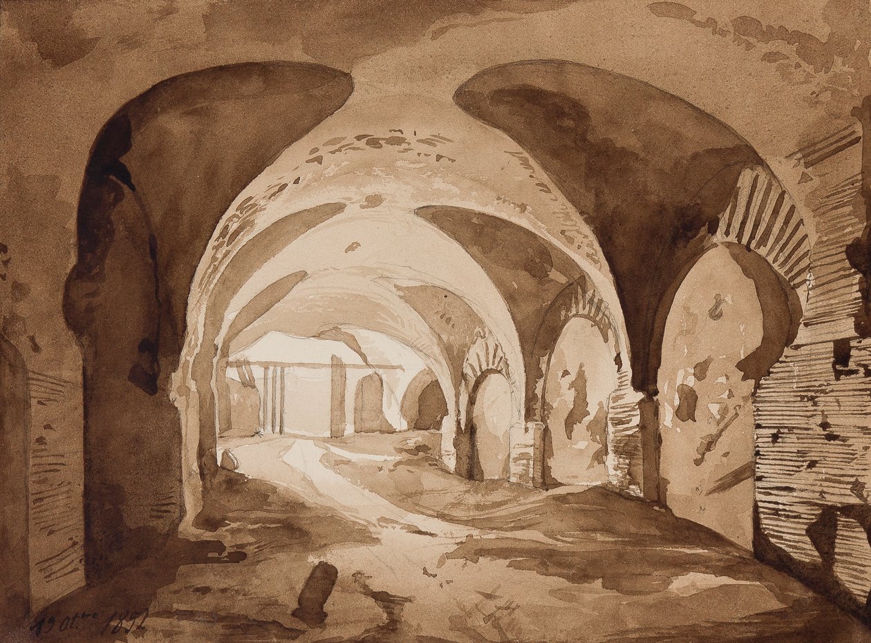 Ambulatoriet som fører til amfiteateret i Pozzuoli, med tillegg av prins Alfonso Maria di Borbone (1841-1934), 19. oktober 1852 (blyant og sepia vask på papir) av Achille Vianelli