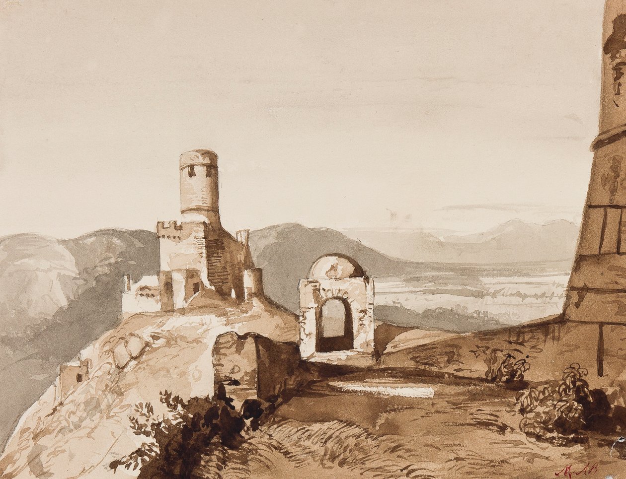 Tårn og bymurer, muligens over Sorrento, med tillegg av prinsesse Maria Annunziata di Borbone (1843-1871) (blyant og sepia-vasker) av Achille Vianelli