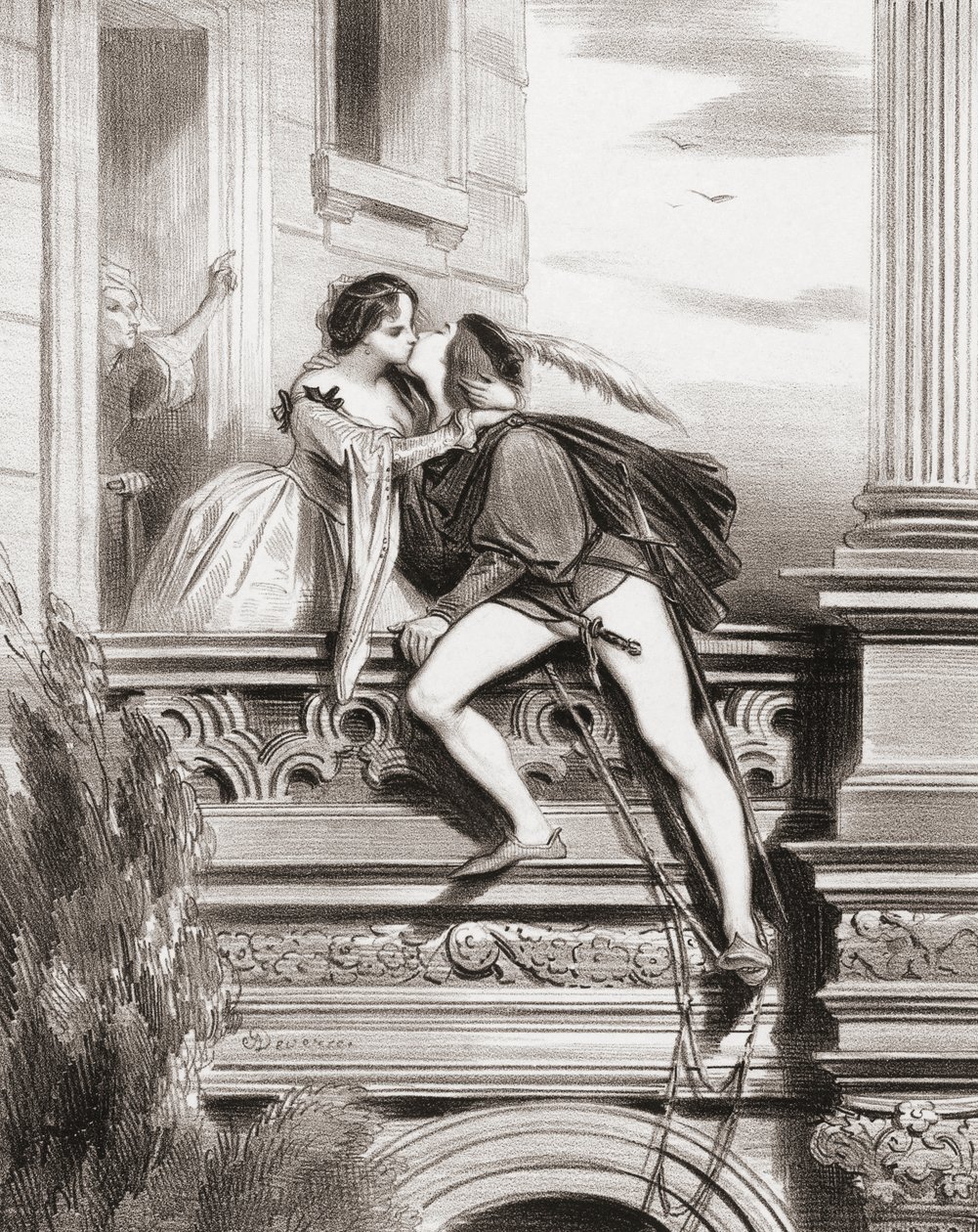 Romeo og Julie. Balkongscene. (skrive ut) av Achille (after) Deveria