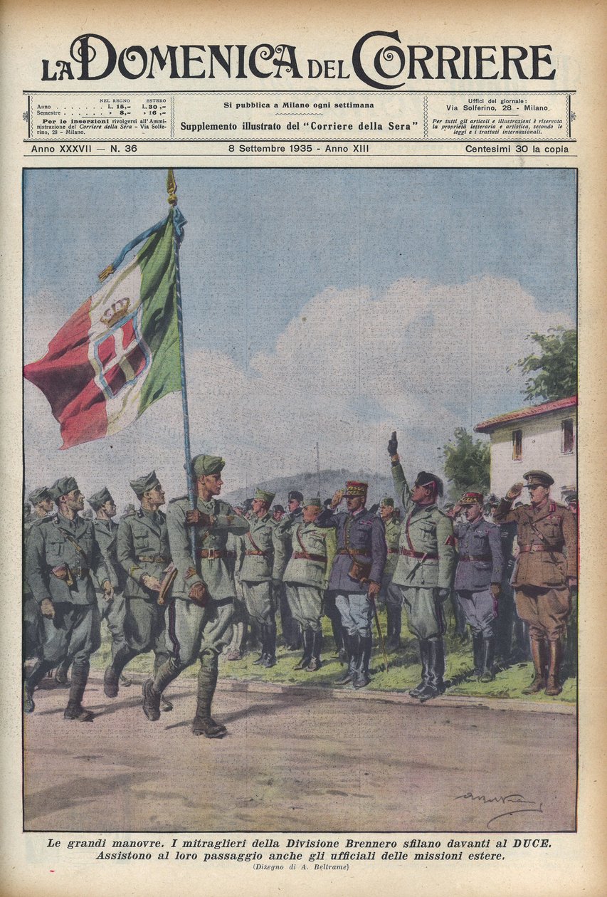 1935 Maskingeværerne fra Brenner-divisjonen paraderer foran Duce - CORRIERE SUNDAY - militærmanøver. Troppene passerer før Benito Mussoli "" il Duce "" - Illustrasjon av Achille Beltrame (1871-1945) av Achille Beltrame