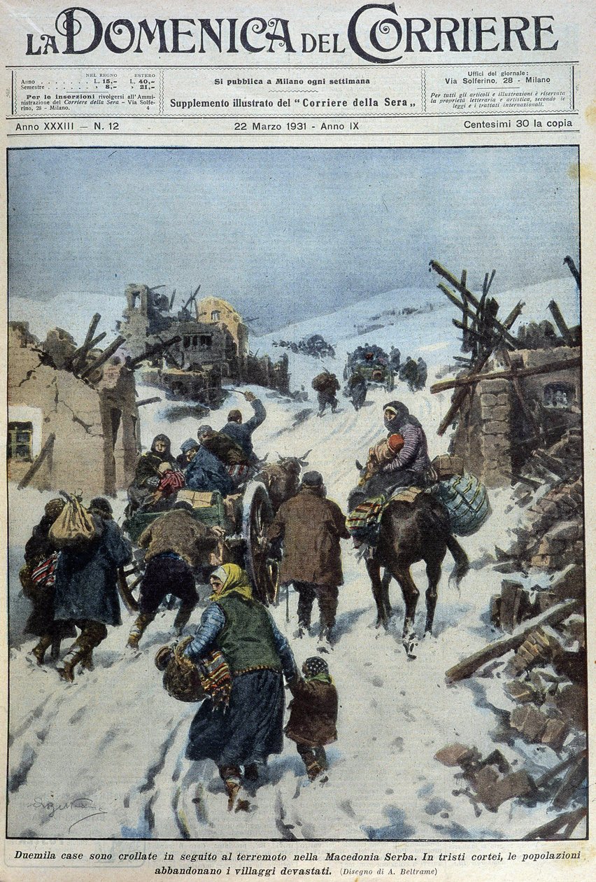 2000 hus kollapset etter jordskjelvet i Serbisk Makedonia: den triste utvandringen av befolkningen som forlot de ødelagte landsbyene - dess. de A. Beltrame i "" la Domenica del Corriere"" av 22.03.1931 av Achille Beltrame