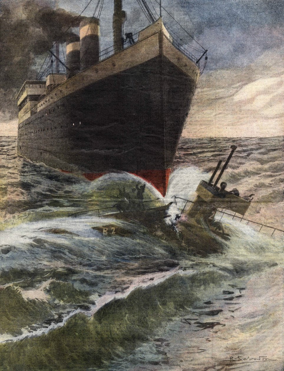 Et tysk transatlantisk hav velter og knuser en ubåt fra den engelske flåten utenfor kysten av Dover - Illustrasjon av Beltrame - "" La Domenica del Corriere"" oktober 1912 av Achille Beltrame