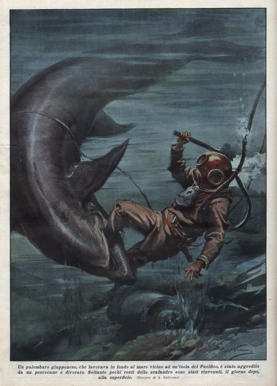 En japansk dykker med en scaphandler ble slukt av en hai i Stillehavet. Illustrasjon av Achille Beltrame fra "La domenica del corriere"" av 08.08.1937. av Achille Beltrame