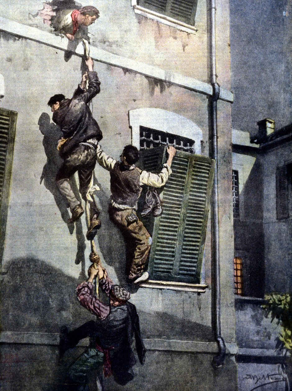En vågal flukt av fire innsatte fra Asti fengsel etter å ha brutt gjennom muren. Tegning av Beltrame. La Domenica del Corriere. 1902 av Achille Beltrame