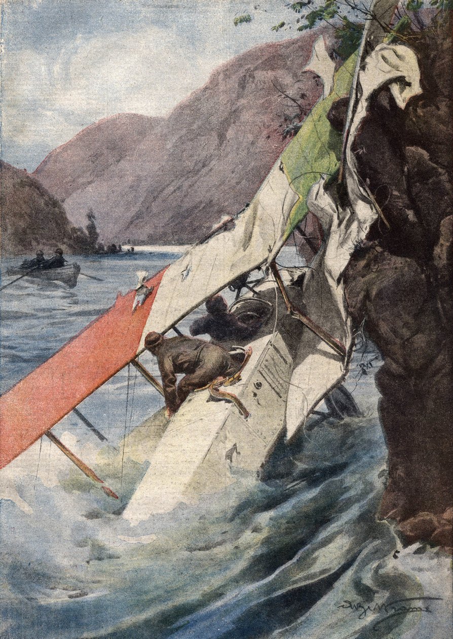 En dramatisk rekognoseringsflukt: etter en kamp, uten motor eller propell, klarte to flyvere overraskende å nå de italienske linjene og falt i Isonzo-elven. ill. de Beltrame. La Domenica del Corriere. 10/1917. av Achille Beltrame