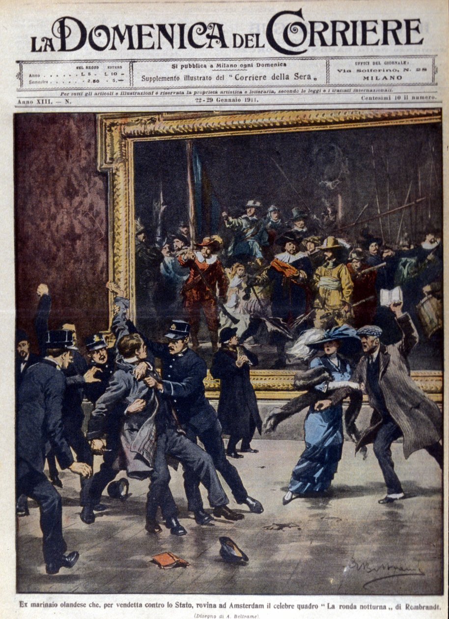 En tidligere nederlandsk sjømann prøvde å ransake det berømte maleriet av Rembrandt van Rijn (1606-1669), "The Night Round". Omslag til "" La Domenica del corriere"", ill. de Beltrame, 01/1911. av Achille Beltrame
