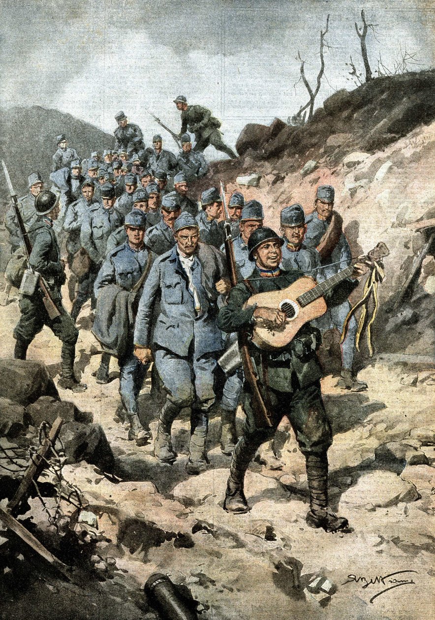 En glad helt. Etter å ha fanget førti østerrikere og en gitar i en hule, marsjerte menig Buoncompagni i spissen for gruppen av fanger som sang. ill. de Beltrame. La Domenica del Corriere. 10/1917 av Achille Beltrame